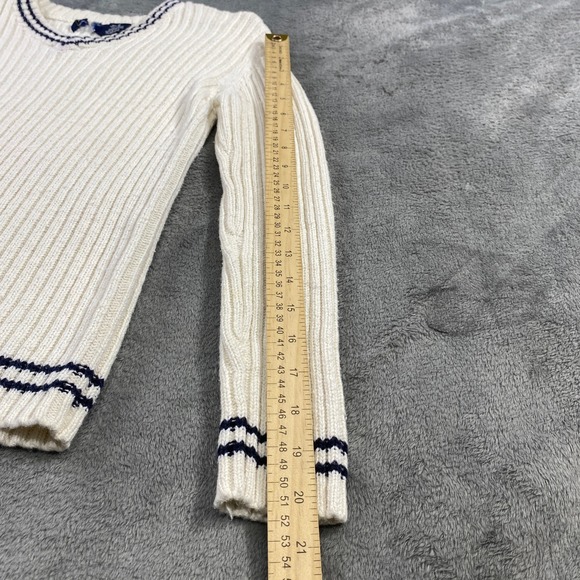 Vintage Sweater Ribbed Knit Striped V-Neck Varsity Cream Navy Sz S Tennis Preppy - Picture 5 of 10